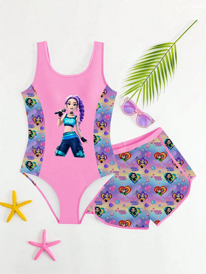 Kids Girls 2 Piece K-POP Singer Cartoon Print One Piece Swimsuit with Skirt Cover Up Summer Beach Swimwear