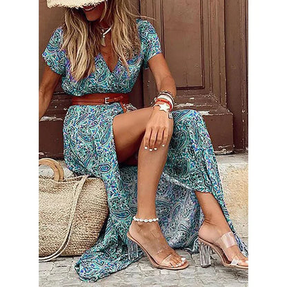 Summer Trend V-Neck Women Retro Vintage Print Slim With Belt Sexy Casual Elegant Holiday Dress High Slit Irregular Midi Dress
