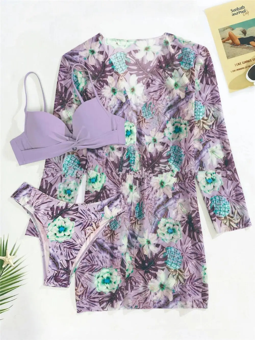 Three Pieces Bikini Set Cover Up Women 2023 New Push Up Twist Swimsuit Print Long Sleeve Swimwear Biquini Bathing Suit Summer