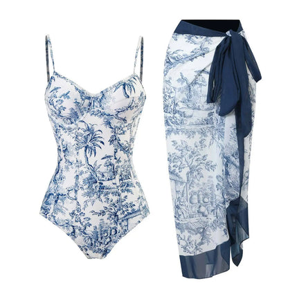 2024 Sexy Women's Swimsuit with Skirt One-Piece Swimwear Vintage Ruffle V Neck Cover Up Bikinis Set Beachwear Bathing Suit