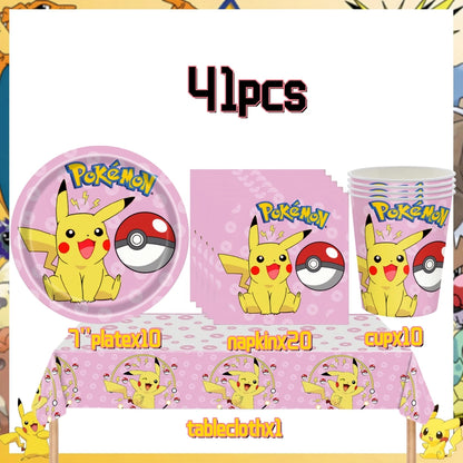 Pink Pokemon Birthday Party Decoration Disposable Tableware Set Pikachu Tablecloth Cup Plate Baby Shower Kids Diy Party Supplies