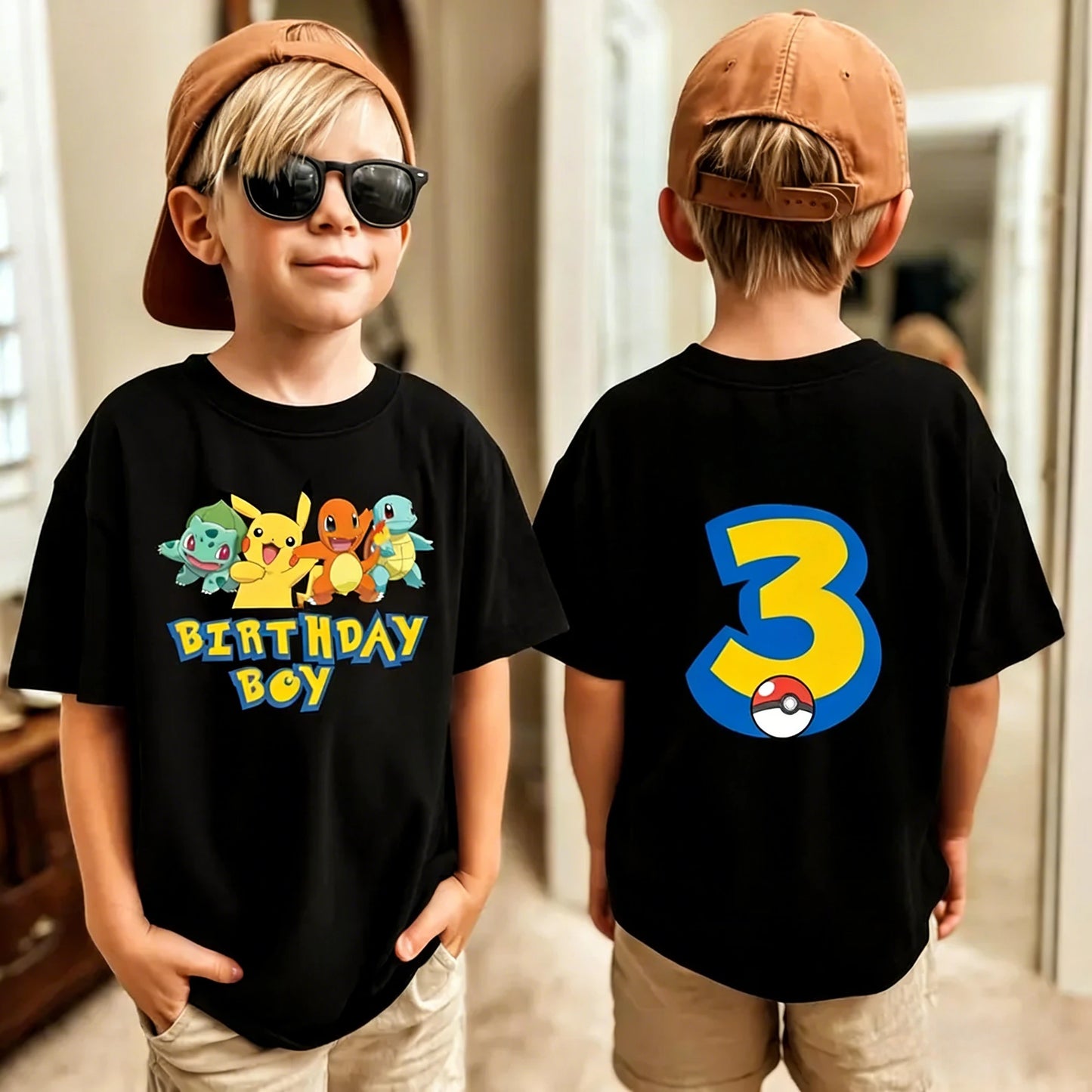 Birthday T-shirt Cute Pikachu Pokémon 3-9 Printed T-Shirt Unisex Summer Y2K Harajuku Loose Casual Short Sleeve Top for Chirldren