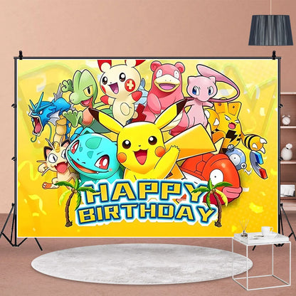 Cartoon Cute Kid Birthday Party Decorations Backdrop Pikachu Theme Photography Background Baby Shower Banner Photo Booth Props