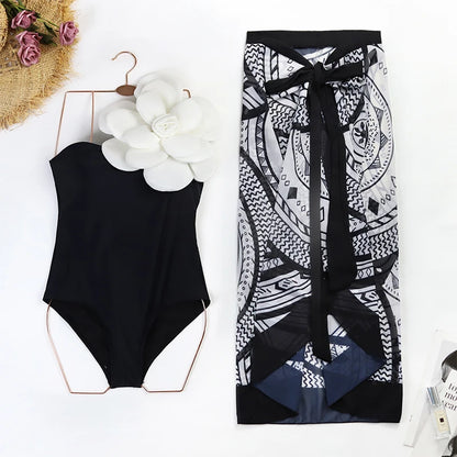 2024 Sexy Women's Swimsuit with Skirt One-Piece Swimwear Vintage Ruffle V Neck Cover Up Bikinis Set Beachwear Bathing Suit