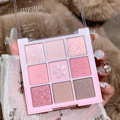 DIKALU 9-Color Sakura Eyeshadow Palette Glitter Matte Low Saturation Pink Brown Nude Makeup Shimmer Eye Pigments Long Lasting