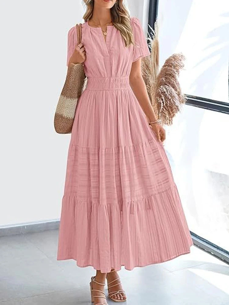 V-Neck Tiered Boho Midi Dress: Bubble Sleeve Smocked Waist Summer Gown
