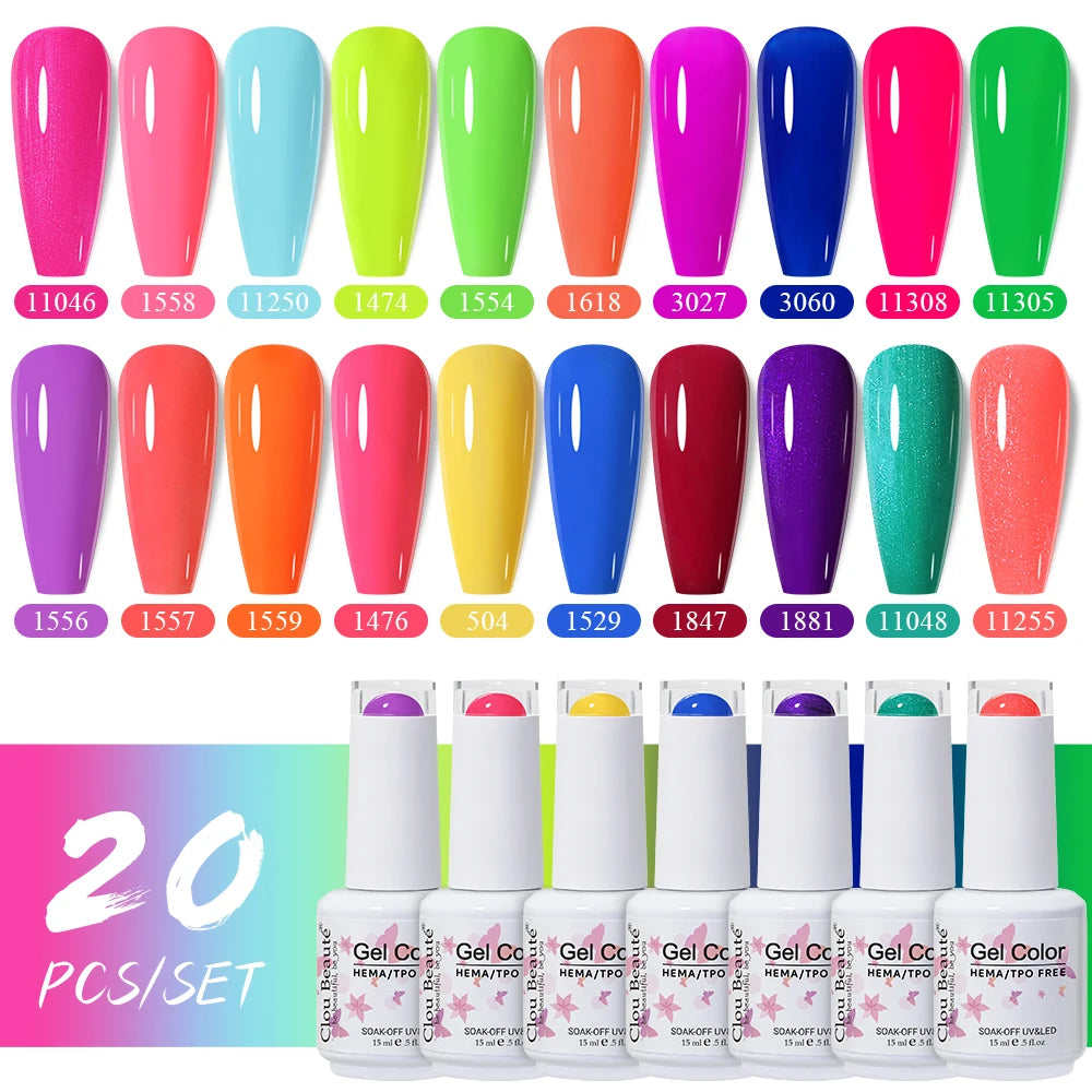Clou Beaute 20pcs TPO & HEMA FREE Nail Gel Polish Set Red Pink Nude UV LED Soak Off Polish Gel Nail Semi Permanent Nail Varnish