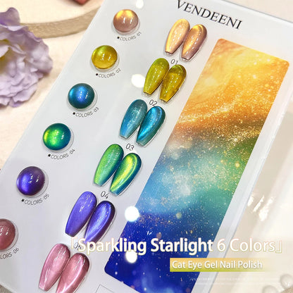 Vendeeni 6 Colors Crystal Cat Eye Gel Nail Polish Set Semi Permanent Sparkling Magnetic UV LED Soak Off Gel Varnish With Display