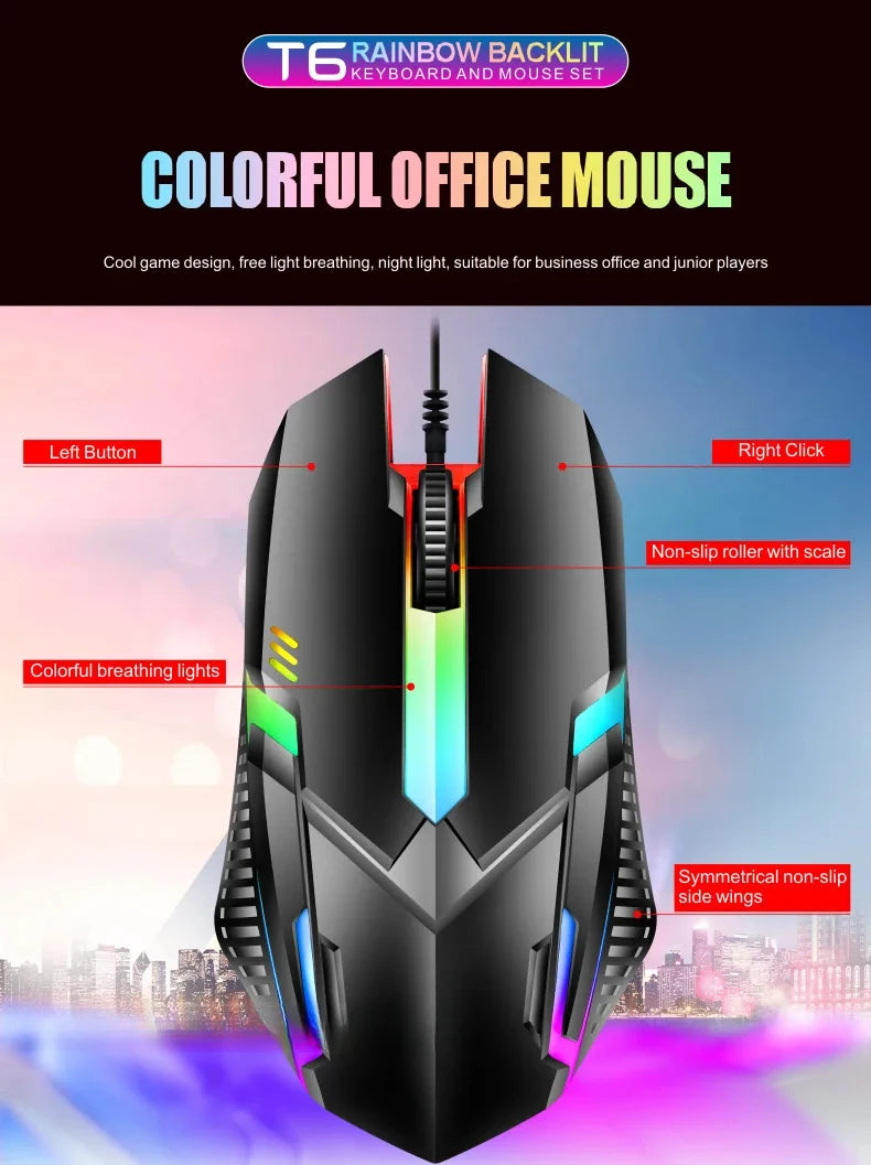Colorful LED Backlit USB Keyboard and Mouse Combo, Comfortable Grip, Durable and Wear-Resistant. Suitable for Business, Office,