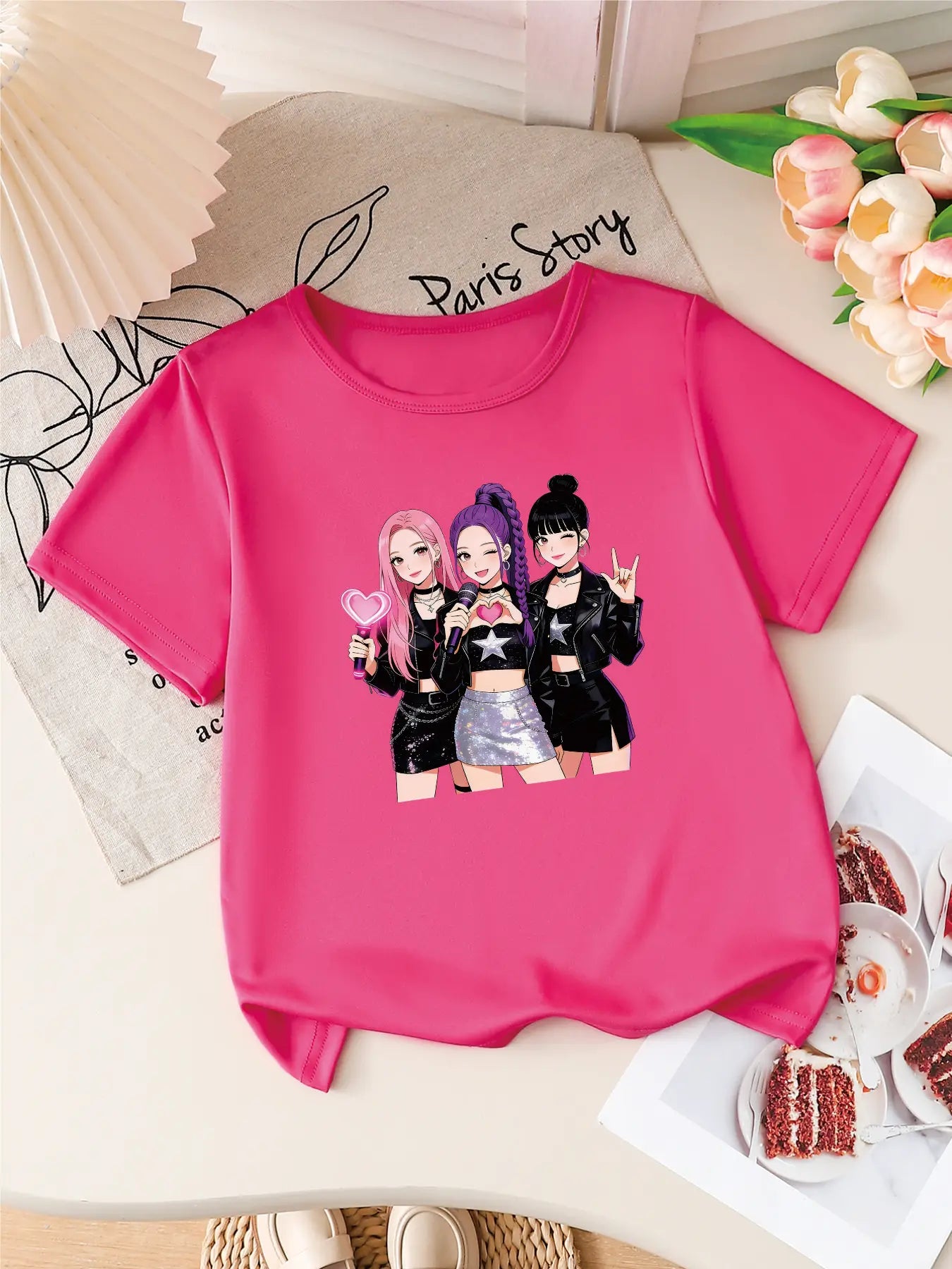 Girls K-POP Idol Group Print Short Sleeve T-Shirt Cute Concert Graphic Tee Kids Summer Casual Top