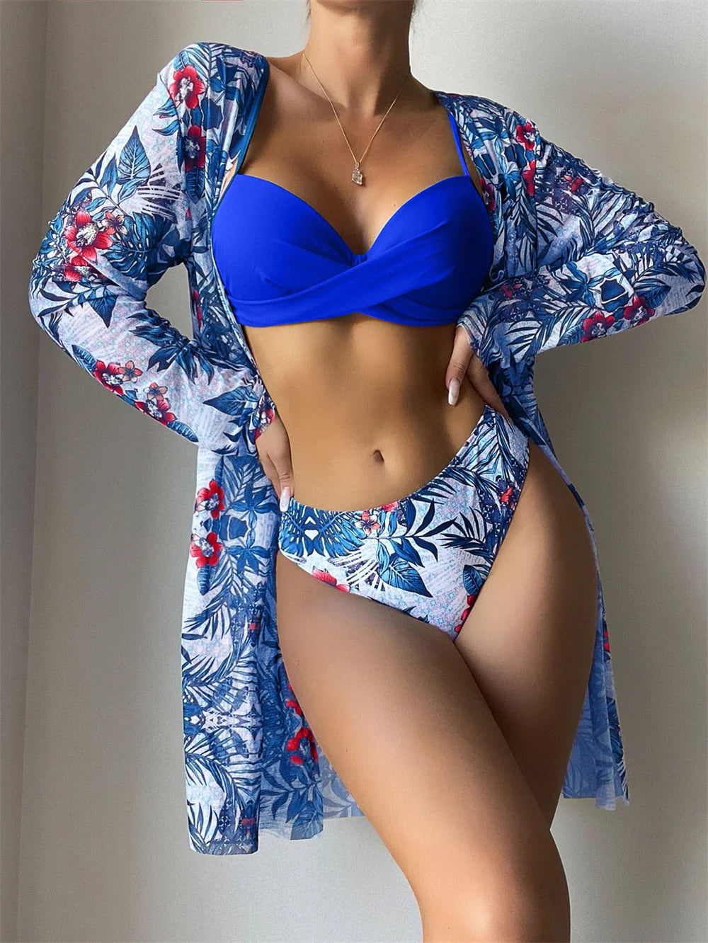 Three Pieces Bikini Set Cover Up Women 2023 New Push Up Twist Swimsuit Print Long Sleeve Swimwear Biquini Bathing Suit Summer