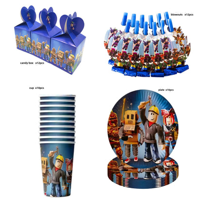 Roblox Boy Kids Set Birthday Party Decorations Tableware Tablecloth Cup Plate Napkin Bags Baby Shower Roblox Party Favor Kits