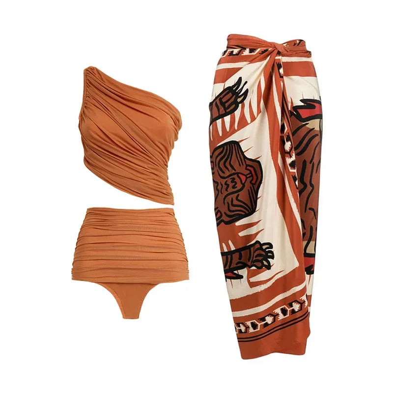 2024 Sexy Women's Swimsuit with Skirt One-Piece Swimwear Vintage Ruffle V Neck Cover Up Bikinis Set Beachwear Bathing Suit
