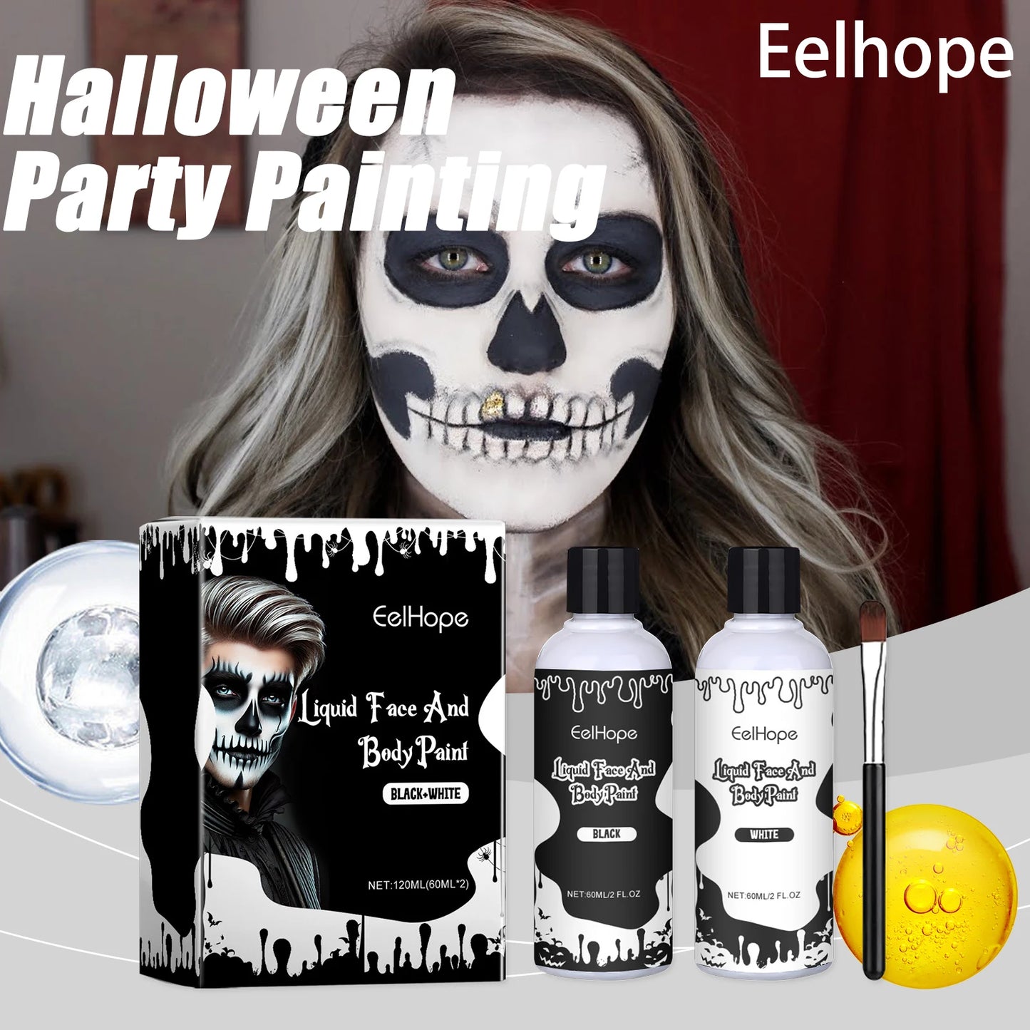 Eelhope Halloween Quick Dry Liquid Face Paint Body Paint Costume Party Waterproof Face Body Art Makeup with Brushes Washable