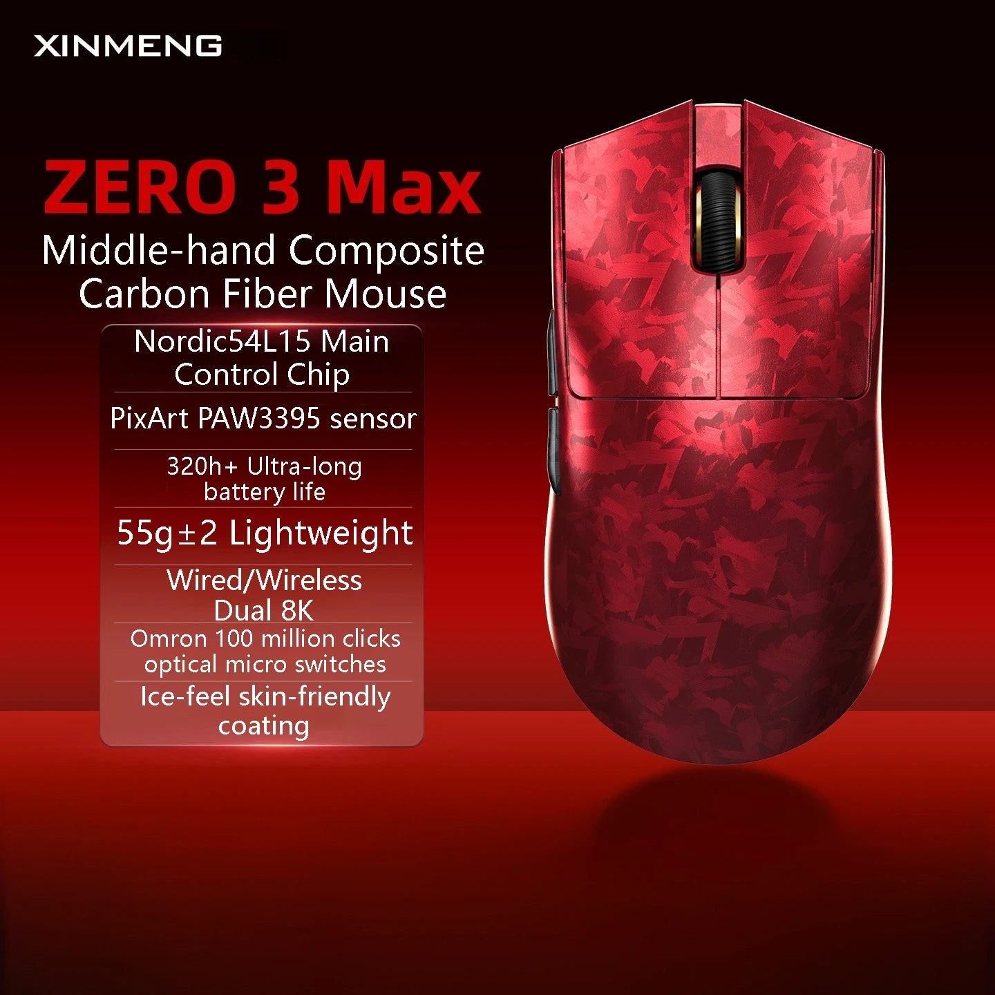 XINMENG ZERO 3 Gaming Mouse PAW3311/PAW3395/PAW3950 E-sport Sensor 1K/8K Polling Rate Carbon Fiber Case 500mAh Battery Wireless