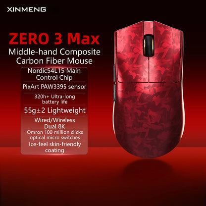 XINMENG ZERO 3 Gaming Mouse PAW3311/PAW3395/PAW3950 E-sport Sensor 1K/8K Polling Rate Carbon Fiber Case 500mAh Battery Wireless