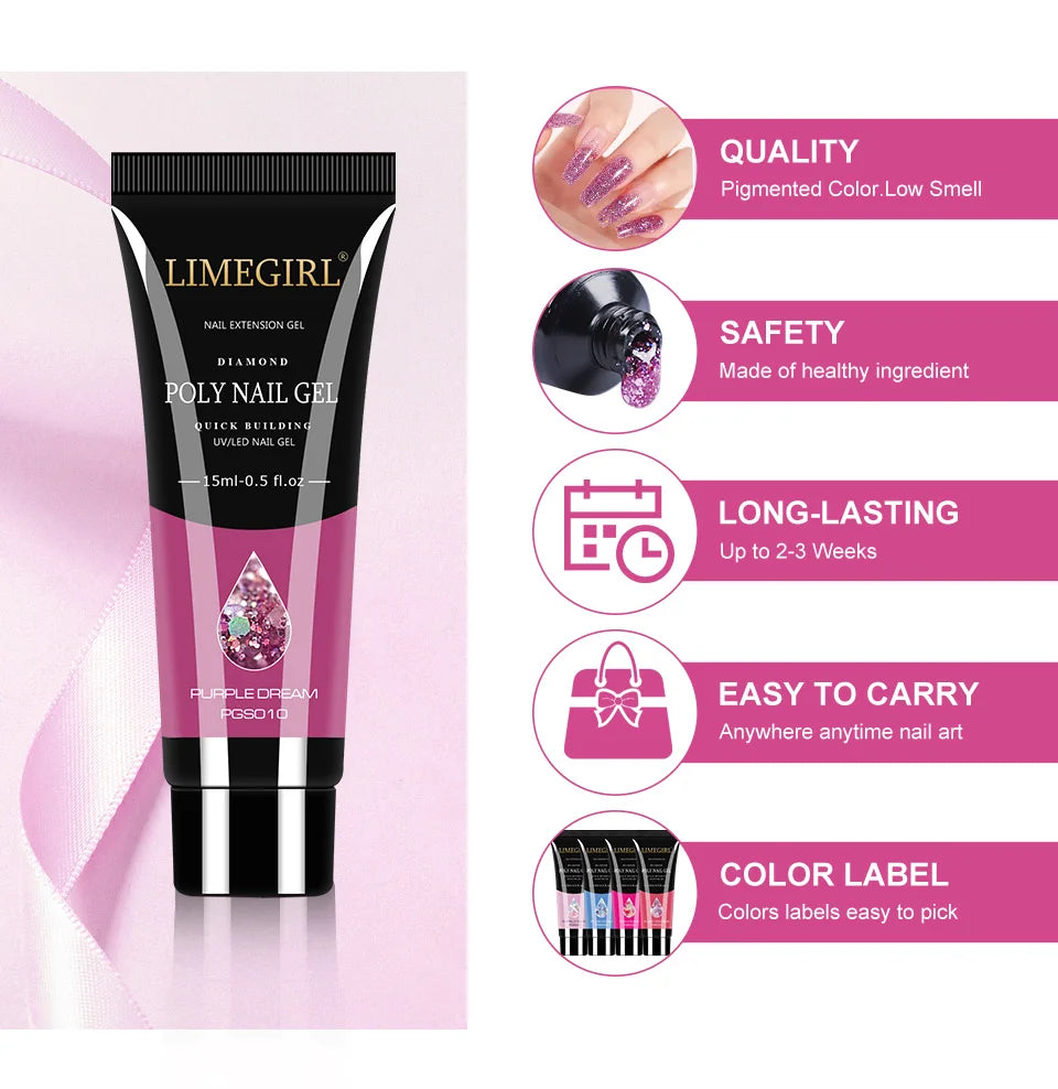 LIMEGIRL 15ml Nail Extension Gel Set with UV LED Light Nail Thickening Sequin Glitter Gel Set Vernis Semi-Permanent Manicure Kit