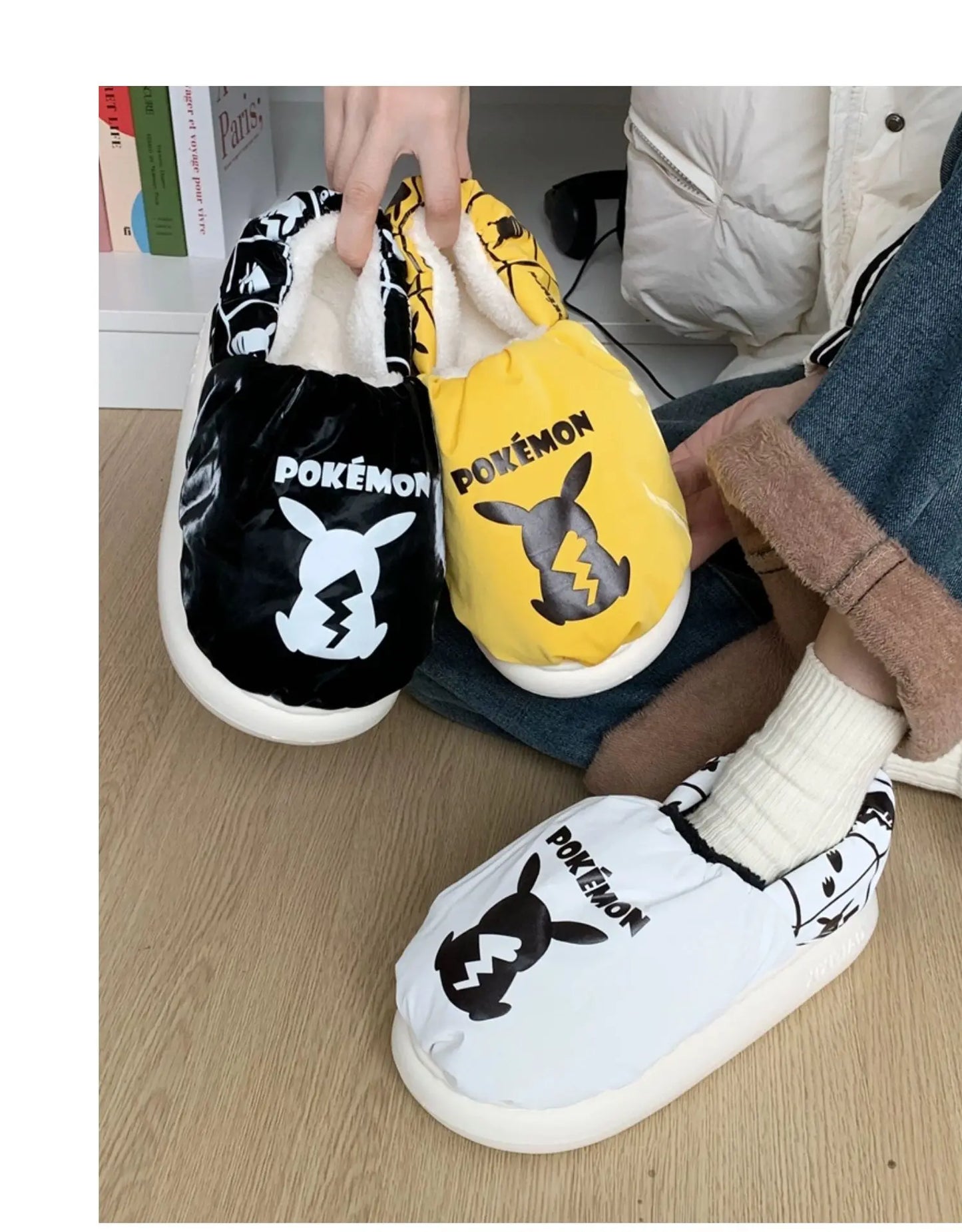 Pokemon Anime Couple Slippers Cute Pikachu Eevee Cartoon Cotton Home Shoes for Men And Women with Velvet Insulation Winter Gifts