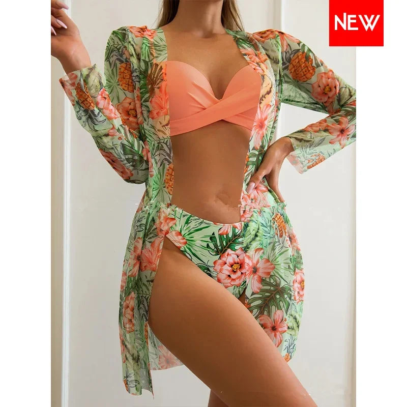 Three Pieces Bikini Set Cover Up Women 2023 New Push Up Twist Swimsuit Print Long Sleeve Swimwear Biquini Bathing Suit Summer