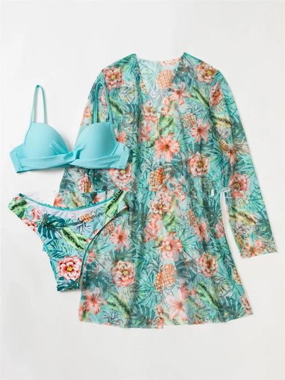 Three Pieces Bikini Set Cover Up Women 2023 New Push Up Twist Swimsuit Print Long Sleeve Swimwear Biquini Bathing Suit Summer