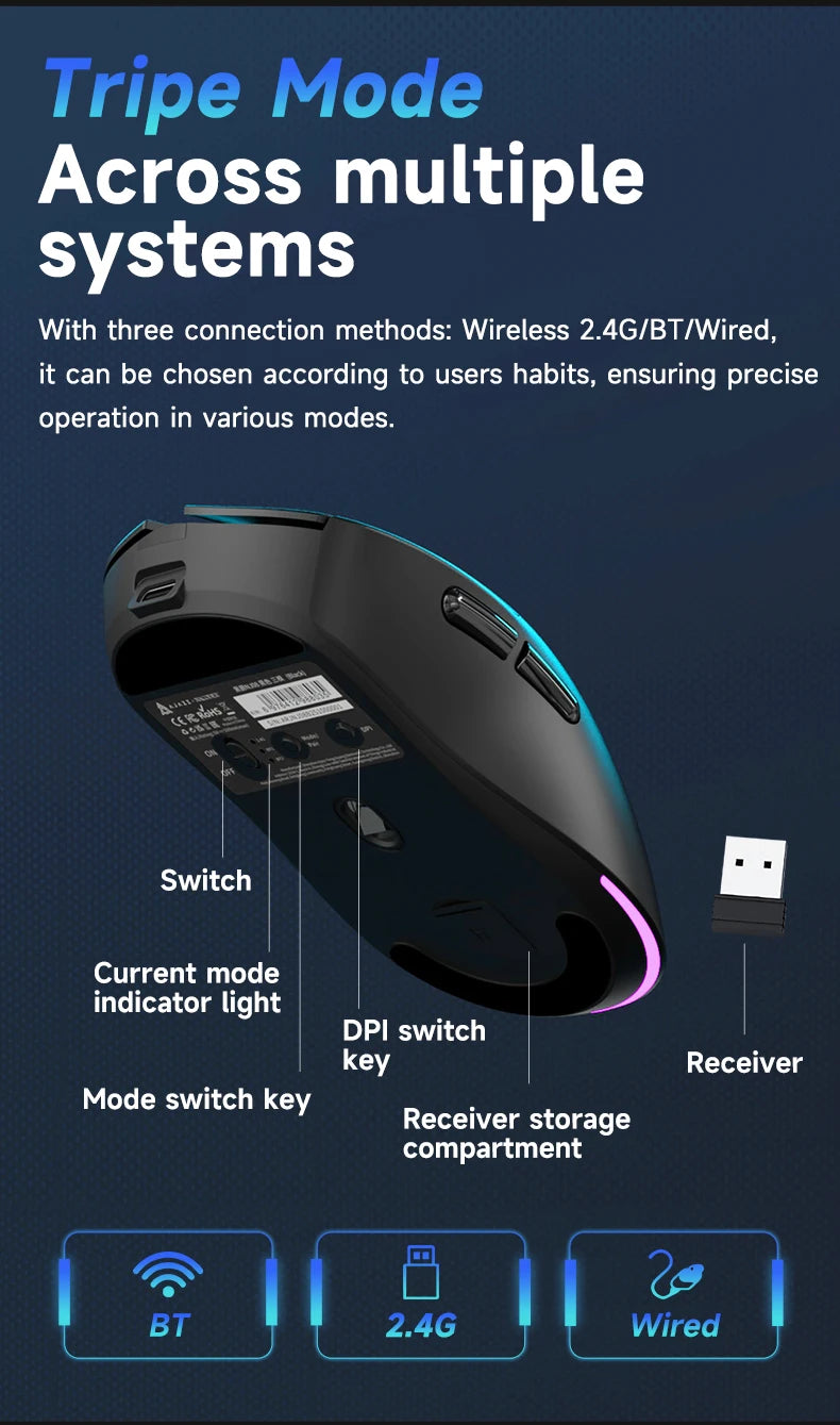 AJAZZ NJ08 Tri-Mode Wired/2.4G/Bluetooth Gaming and Office Mouse with RGB Lighting and Lightweight Design