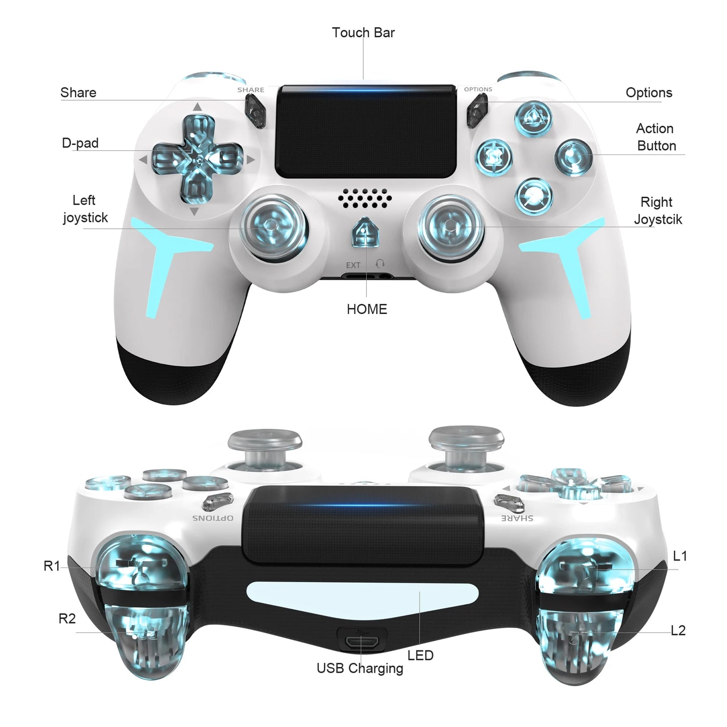 GAMINJA Wireless Game Controller For PS4 PS3 Console Computer PC RGB Light LED Bluetooth Gamepad 6-axis Gyroscope Dual Vibration