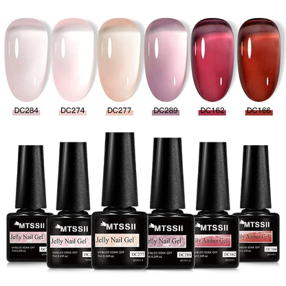 MTSSII 6Pcs/Set Jelly Gel Nail Polish Jelly Transparent Pink Green Black Blue UV Gel Nail Art Varnish Kit Spring Manicure Nails