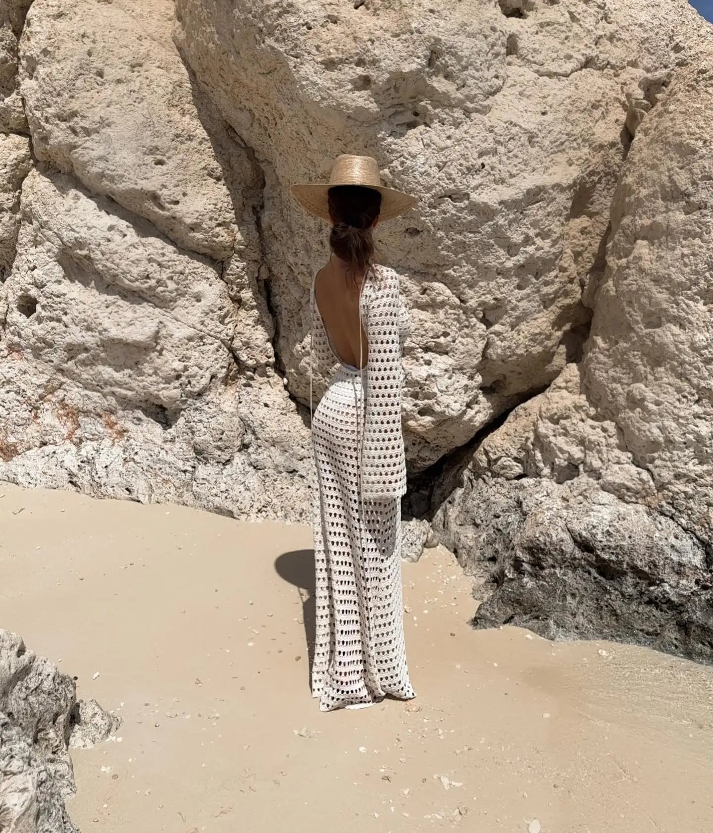 Sexy Knit Mesh Backless Long Bell Sleeve Beach Maxi Dress 2026 Women's Summer Slim Outfits Vacation Swimsuit Cover Up Tunic K205