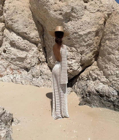 Sexy Knit Mesh Backless Long Bell Sleeve Beach Maxi Dress 2026 Women's Summer Slim Outfits Vacation Swimsuit Cover Up Tunic K205