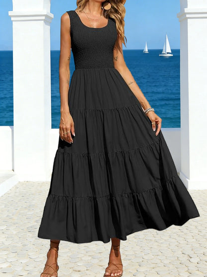 Tiered Smocked Maxi Dress: Sleeveless Pleated A-Line Summer Gown