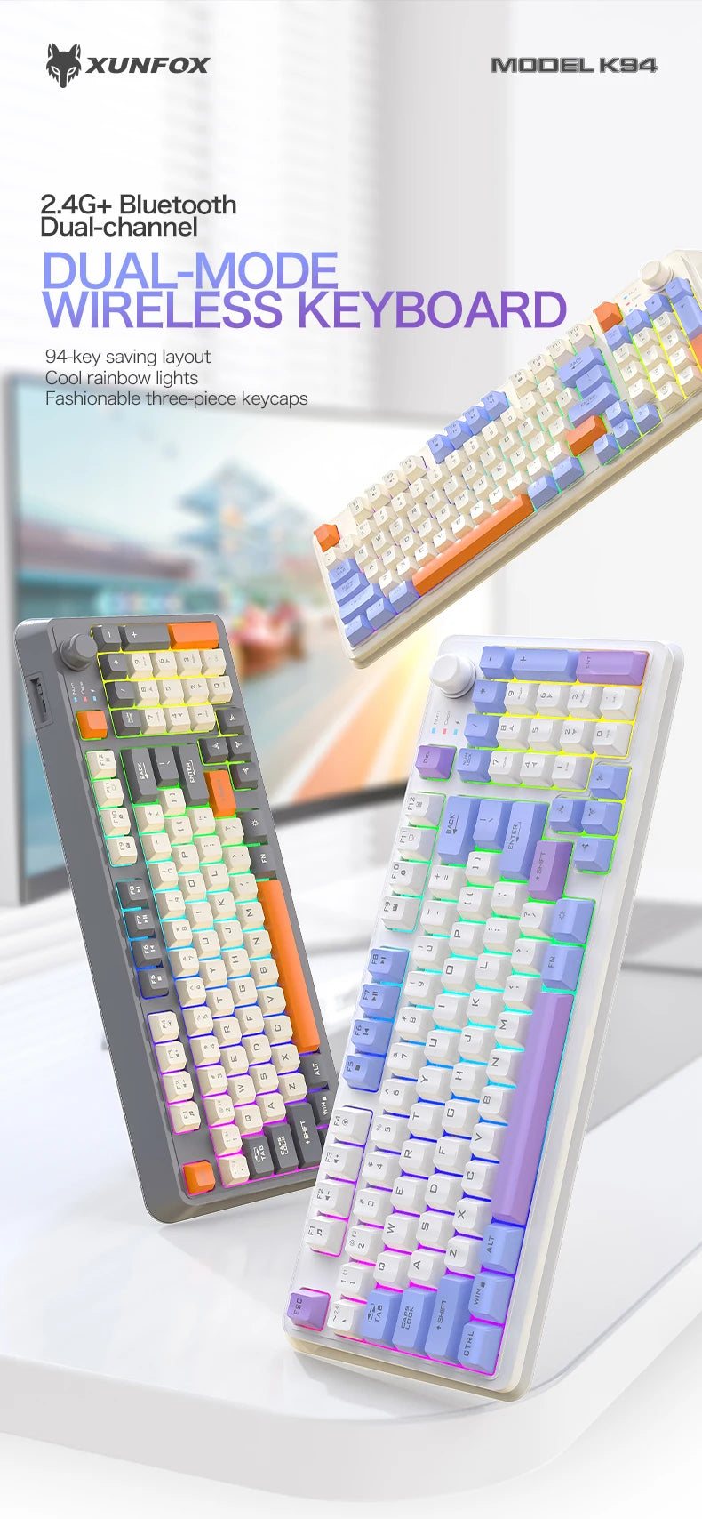 K94 Wireless Gaming Keyboard, BT 5.0/2.4GHz With Dual Mode 2-in-1 Receiver, 95 Keys TKL Rainbow LED Backlit Quiet Keyboard For