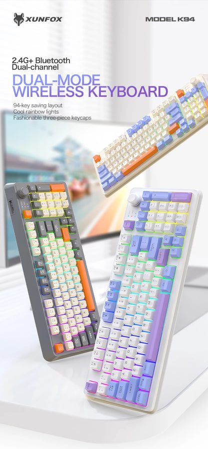K94 Wireless Gaming Keyboard, BT 5.0/2.4GHz With Dual Mode 2-in-1 Receiver, 95 Keys TKL Rainbow LED Backlit Quiet Keyboard For