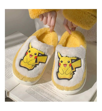 Pokemon Anime Couple Slippers Cute Pikachu Eevee Cartoon Cotton Home Shoes for Men And Women with Velvet Insulation Winter Gifts