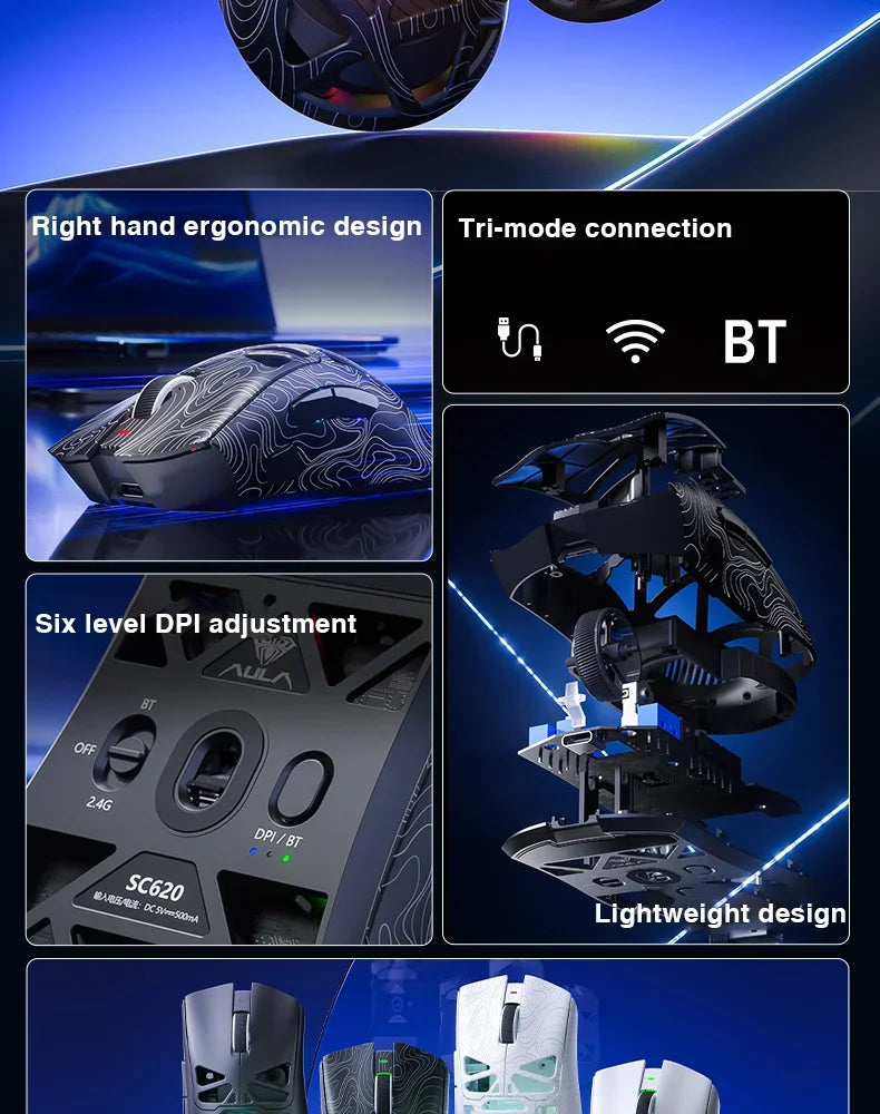 AULA SC620 Gaming Mouse Wired/Bluetooth/2.4G Light Weight Mouse Gamer PAW3311 Adjustable 12,000 DPI Life PC Gaming Accessories