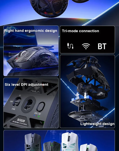 AULA SC620 Gaming Mouse Wired/Bluetooth/2.4G Light Weight Mouse Gamer PAW3311 Adjustable 12,000 DPI Life PC Gaming Accessories