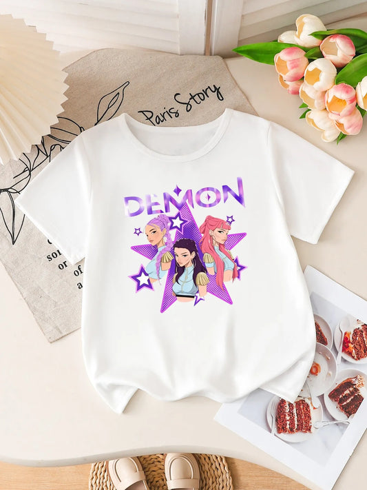 Girls  K-POP Idol Group Print Short Sleeve T-Shirt Cute Anime Graphic Tee Kids Summer Casual Top