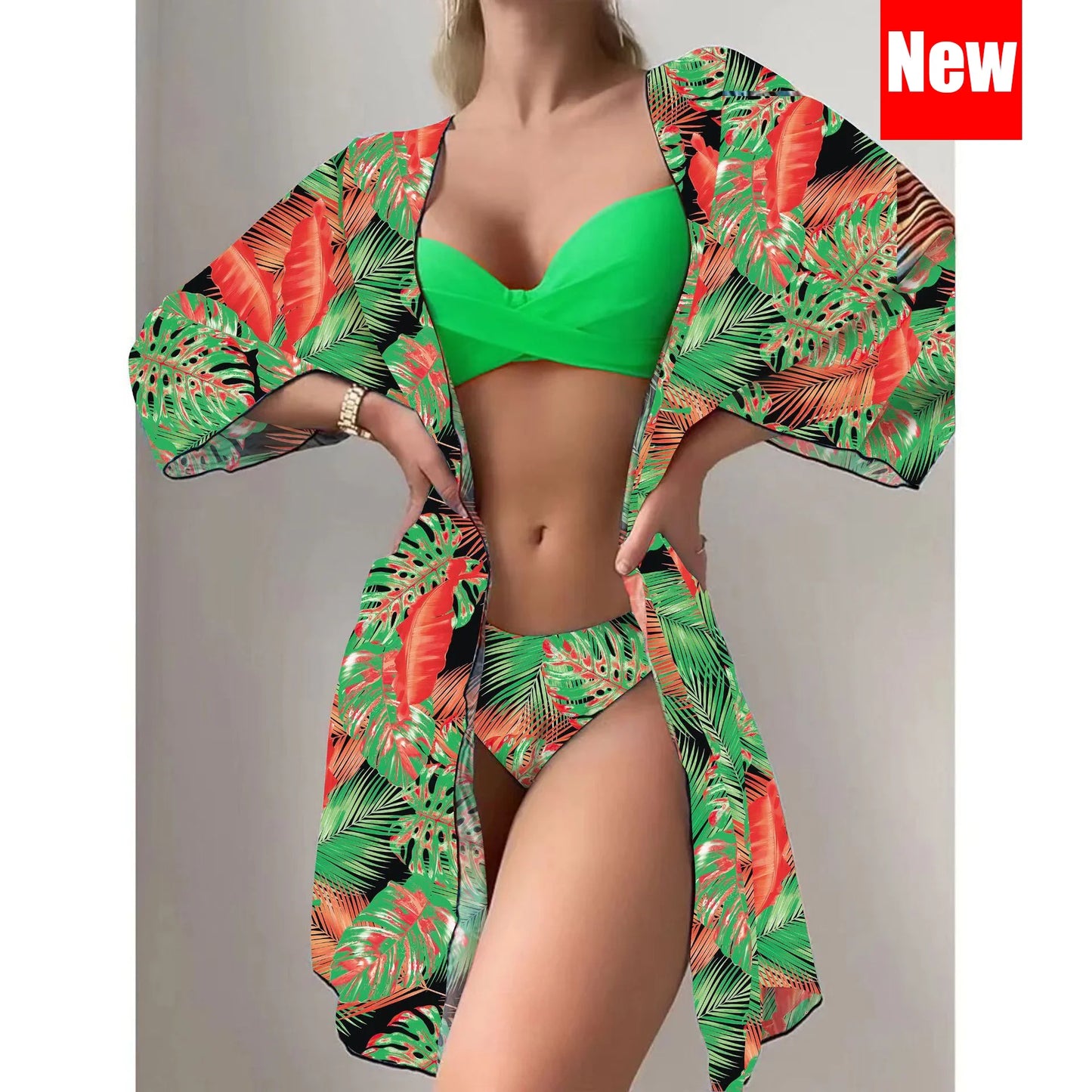 Three Pieces Bikini Set Cover Up Women 2023 New Push Up Twist Swimsuit Print Long Sleeve Swimwear Biquini Bathing Suit Summer