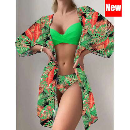 Three Pieces Bikini Set Cover Up Women 2023 New Push Up Twist Swimsuit Print Long Sleeve Swimwear Biquini Bathing Suit Summer