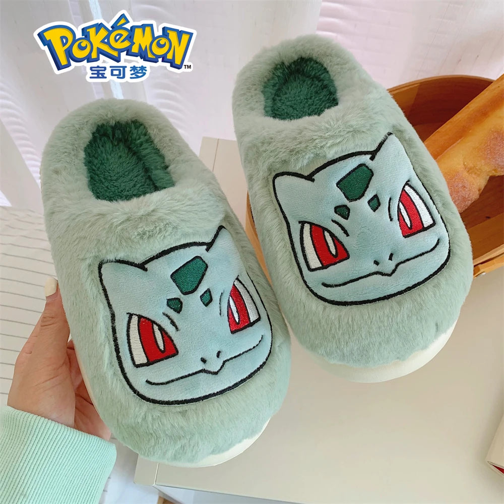 Pokemon Anime Couple Slippers Cute Pikachu Eevee Cartoon Cotton Home Shoes for Men And Women with Velvet Insulation Winter Gifts