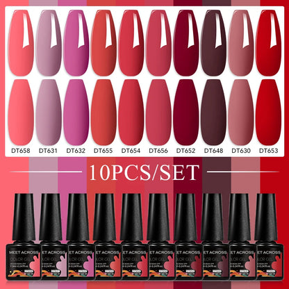 10PCS/Set 7.3ml Hot Pink Red Glitter Gel Nail Polish Soak Off Uv Led Nails Shine Finish For Diy Nail Art Manicure Nail Supplies