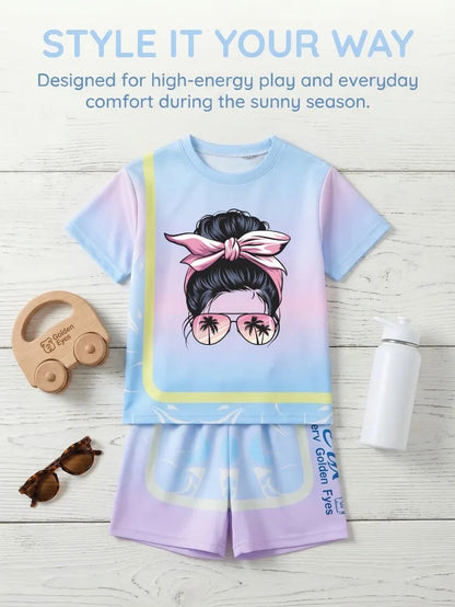 Girls' Sunset Beach 2-Piece Summer Set: Tie-Dye Mesh Tee & Shorts Sport Outfit