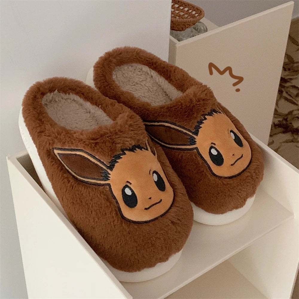 Pokemon Anime Couple Slippers Cute Pikachu Eevee Cartoon Cotton Home Shoes for Men And Women with Velvet Insulation Winter Gifts