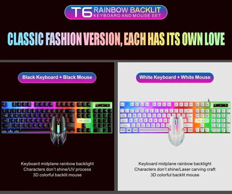 Colorful LED Backlit USB Keyboard and Mouse Combo, Comfortable Grip, Durable and Wear-Resistant. Suitable for Business, Office,