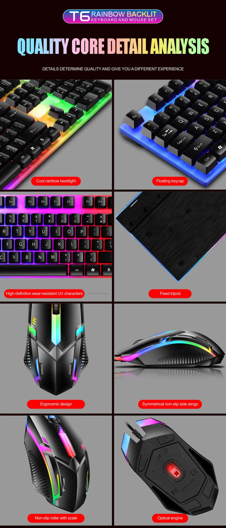 Colorful LED Backlit USB Keyboard and Mouse Combo, Comfortable Grip, Durable and Wear-Resistant. Suitable for Business, Office,