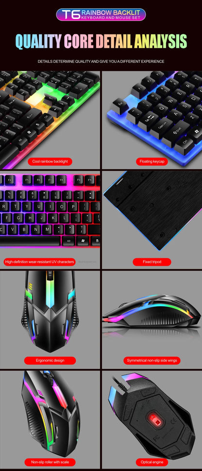 Colorful LED Backlit USB Keyboard and Mouse Combo, Comfortable Grip, Durable and Wear-Resistant. Suitable for Business, Office,