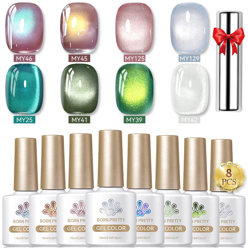 BORN PRETTY 8Pcs Glitter Cat Magnetic Nail Gel Polish Set Moonlight Transparent Summer Semi Permanent UV Gel Soak Off Nail Gel