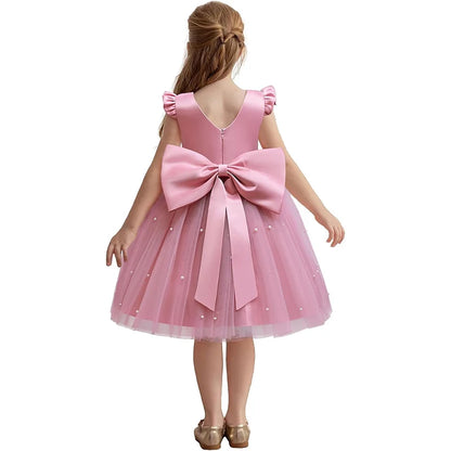 Girls' K-Pop "Pearl Essence" Gala Gown: Pink Tulle Tutu Dress with XL Back Bow & Beading