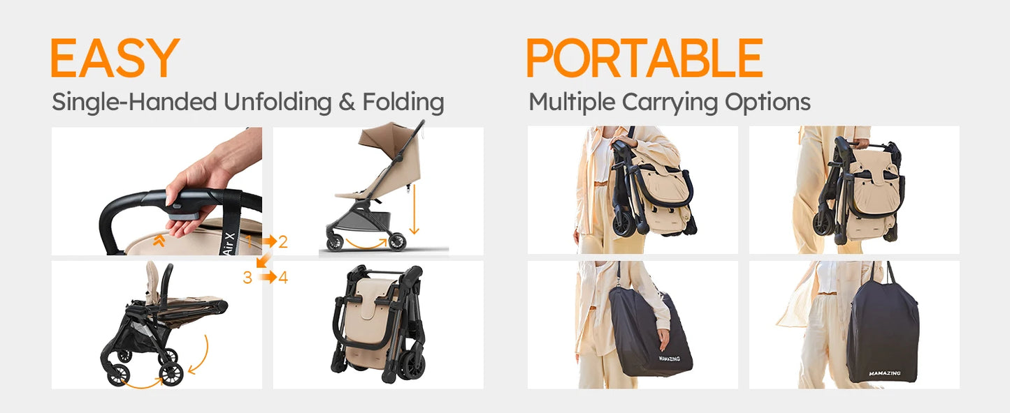 MAMAZING Ultra Air X Lightweight Travel Stroller 9.9lbs Carbon Fiber with UPF50+ Waterproof Fabric (BROWN)