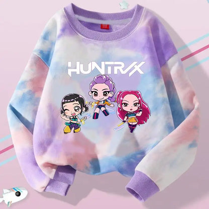 K-Pop Hunters Zoey Mira Rumi Tie-dyed Sweatshirt for Girl Pullover Crew Neck Child Sportwear Long Sleeve Cartoon Kids Tops