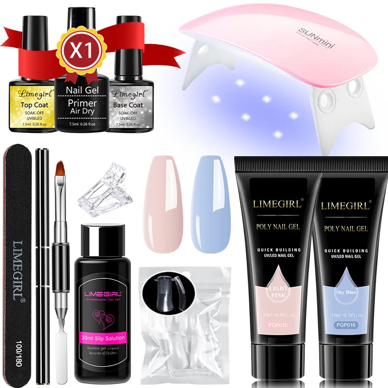 LIMEGIRL 15ml Nail Extension Gel Set with UV LED Light Nail Thickening Sequin Glitter Gel Set Vernis Semi-Permanent Manicure Kit